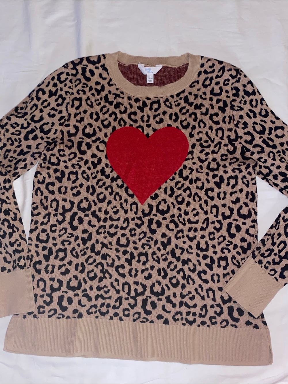 Time and Tru Beige Leopard Crewneck Sweater with Red Heart